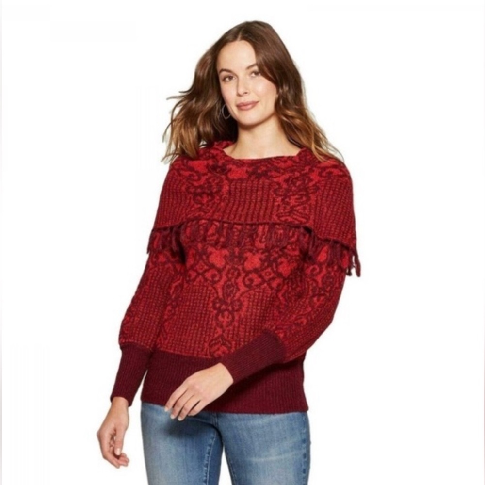 Knox Rose Burgundy / Red Fringed Cowl Neck Sweater